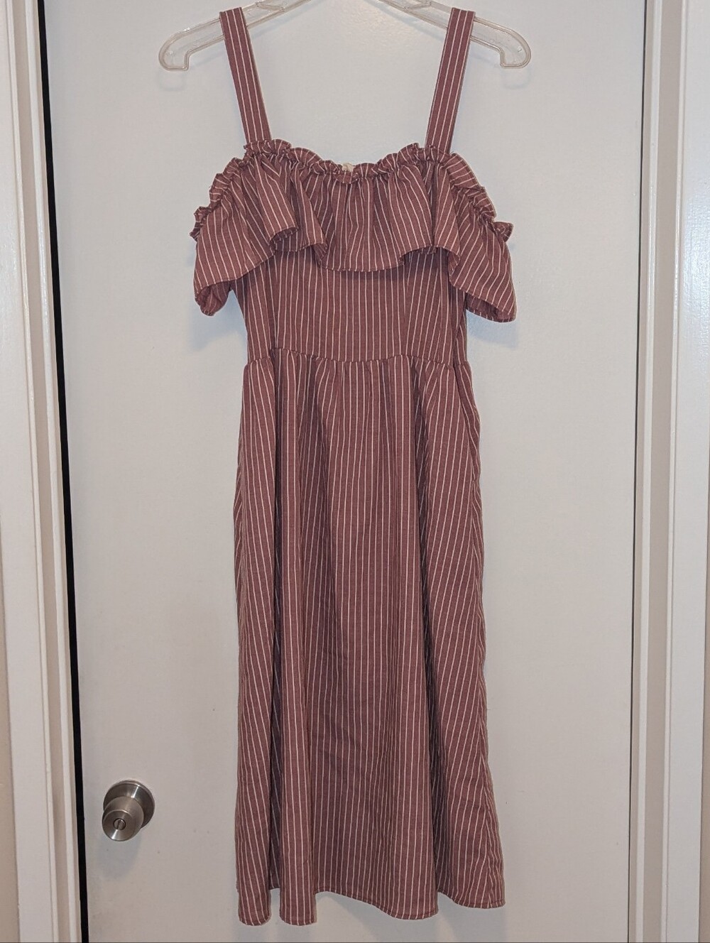 Pinkblush Mauve With White Pin Stripe Off-Shoulder Midi Tank Dress